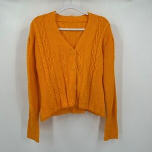 Women L Cable Knit Cardigan Cozy Cottagecore Golden Mustard Button Front Sweater